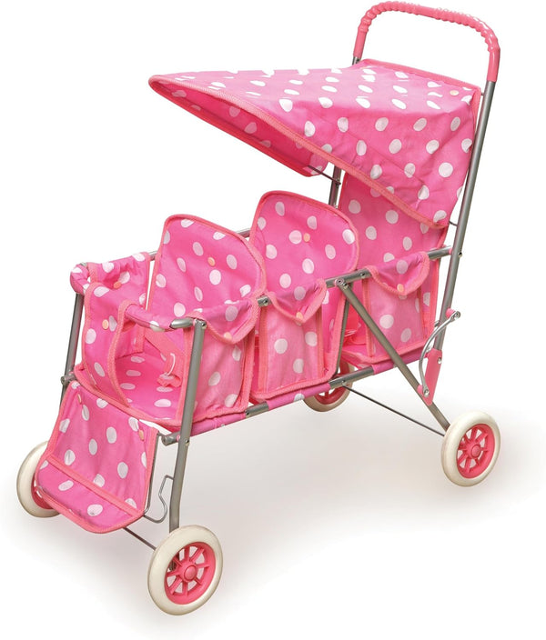 Triple Doll Stroller for Dolls - Lightweight and Foldable Toy Pram with Canopy - Fun Pretend Play for Kids in Stylish Pink with Polka Dots