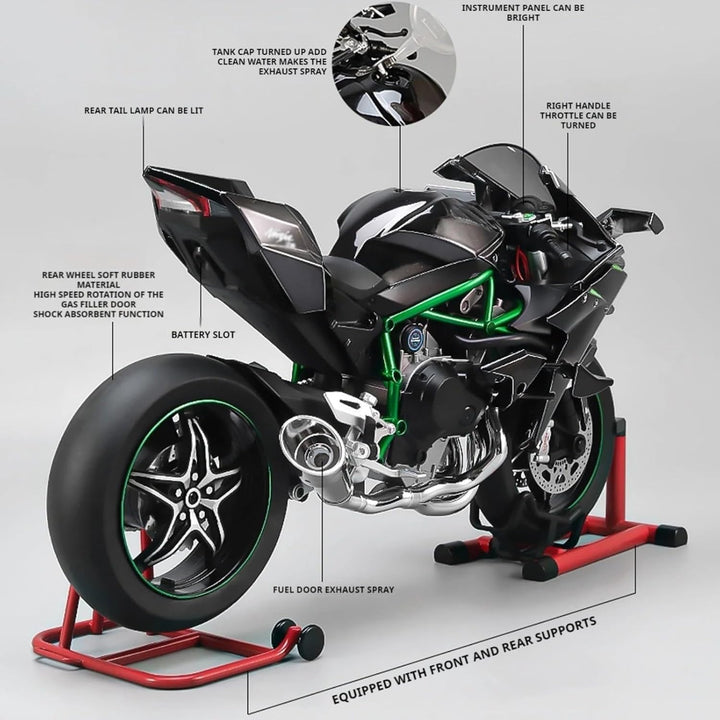 1/6 Scale H2R Alloy Diecast Motorcycle with Sound & Light, High-Gloss Spray Finish, Premium Rubber Tires – Detailed Collectible Gift with Racing-Inspired Design (A-Black)