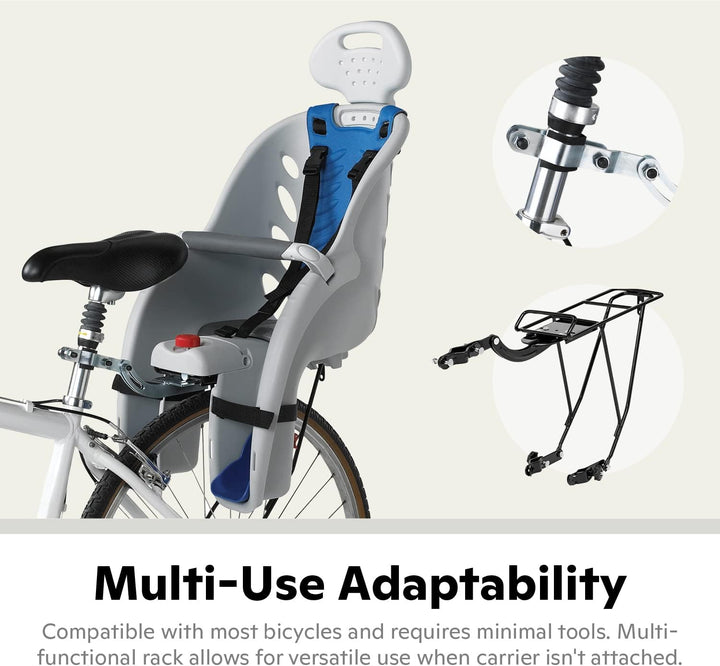 Deluxe or Ovation Child Bike Carrier, Seats One Kid Ages 1+, Frame Mount, Adjustable Safety Harness, Quick Release Design, Comfortable Padding, Rear-Mounted Child Bike Seat for Toddler