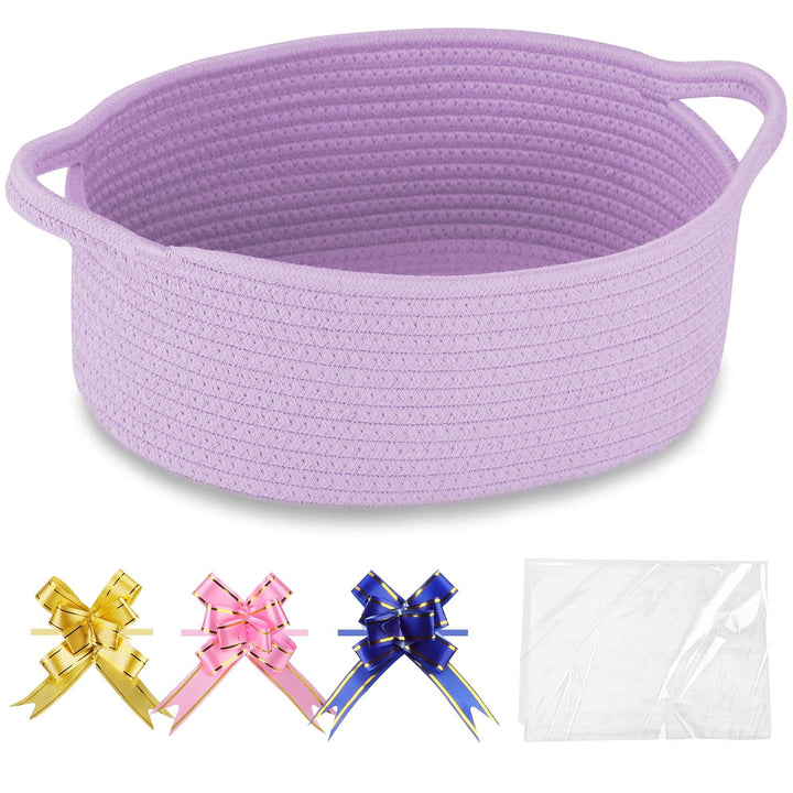 Small Woven Basket with Gift Bags and Ribbons, Gift Basket Empty, Cotton Rope Storage Organizer, Baby Toy Box with Handles, 12" X 8" X 5", Light Pink