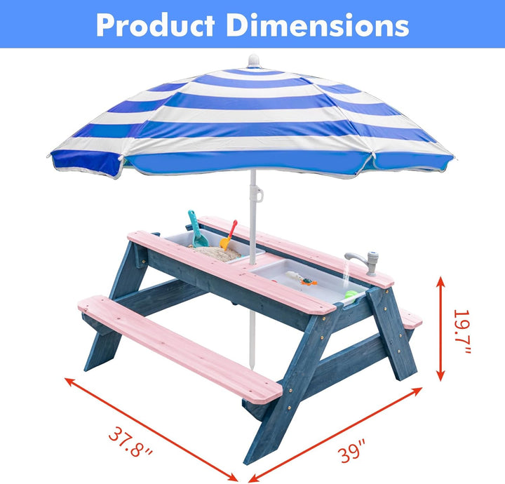 Kids 3-In-1 Sand & Water Table, Wood Outdoor Convertible Picnic Table with Umbrella, 2 Trays, Removable Top with Faucet, Picnic for Outdoor (Pink/Navy)