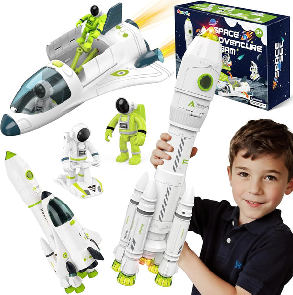Space Rocket Ship Toys for Kids, Space Toys Shuttle Toys for Kids 3-5-7 with 2 Astronaut Figures, Spaceship Toys with Glowing & Sound Effect, Educational Stem Toy Gift for Boy Girl