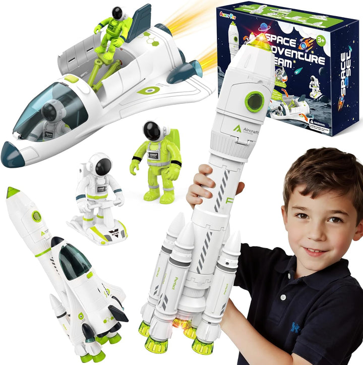 Space Rocket Ship Toys for Kids, Space Toys Shuttle Toys for Kids 3-5-7 with 2 Astronaut Figures, Spaceship Toys with Glowing & Sound Effect, Educational Stem Toy Gift for Boy Girl