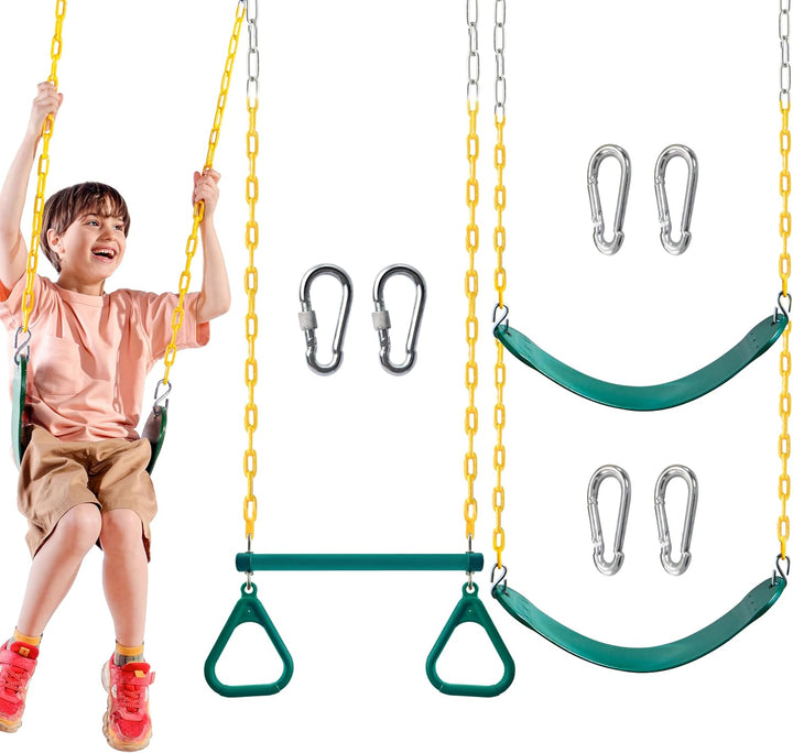 3 Pack Green Swing Seats Heavy Duty with 66" Chain, Swing Set Accessories Replacement with Snap Hooks for Kids Outdoor Play Playground, Trees, Backyard (Limit 300Lb)