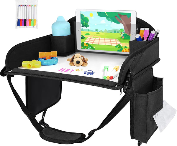 Kids Travel Tray for Car Seat, Toddler Road Trip Essentials with Drawing Kit, Travel Activities Must Haves (Black)