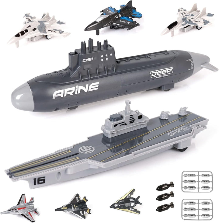 Aircraft Carrier Military Naval Ship with Pull Back Army Fighter Jet Toy Small Scale Model Plane Submarine Kids' Play Vehicle Set for Boy Girl Children