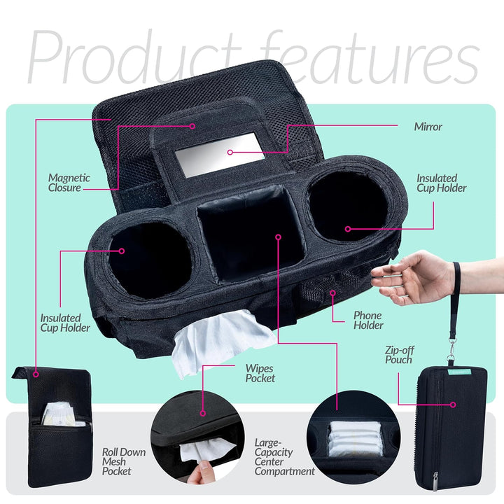 Stroller Caddy Organizer with Cup Holder, Non Slip Straps Bag for Phone, Pet Stroller Accessories, Universal Fits Uppababby Vista V2 Wonderfold Wagon, Doona and More