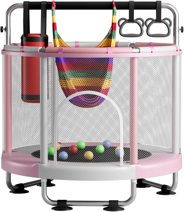 55" Trampoline for Kids with Enclosure, 440Lbs Capacity Indoor & Outdoor Toddler Trampoline with Adjustable Gymnastics Bar & Toys, for Boys & Girls