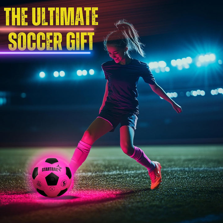 Glow in the Dark Soccer Ball | Sports Gift for Girls Ages 6-15 | LED Light-Up Ball with 3 Extra Batteries and Pump | Pre-Installed Batteries | Size 5 | Indoor & Outdoor Fun Gift for Kids & Teens 8-15