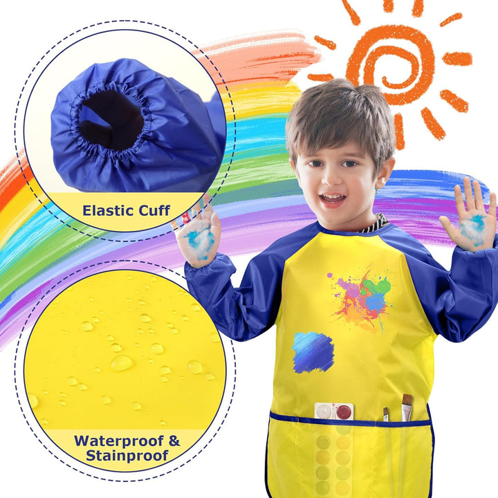 Kids Painting Apron 2 Pack, Waterproof Toddler Art Smock, Artist Smock for Kids Age 2-8 with Long Sleeve and 3 Pockets