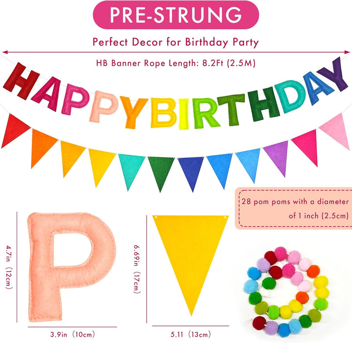 Rainbow 3D Happy Birthday Banner, Felt Garland, Triangle Pennants, Reusable Party Decorations