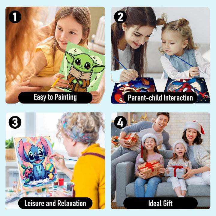 4 Pack Cartoon Paint by Numbers Kit for Kids with Frame - Wooden Easel, Cute Kids Paint by Numbers Ages 4 8 12, DIY Acrylic Oil Painting for Home Wall Decor (8X8 Inch)