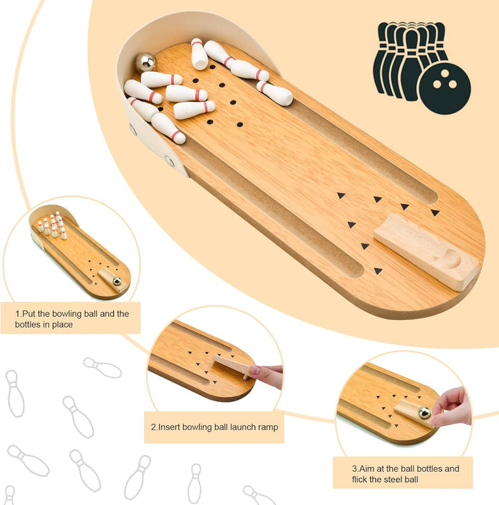 White Elephant Gifts for Adults,Tabletop Mini Bowling Game Set,Stocking Stuffers Christmas Funny Gifts for Men Women Teens Boys,Wooden Mini Bowling Set for Home Office Desk Toys Stress Relief Gadgets