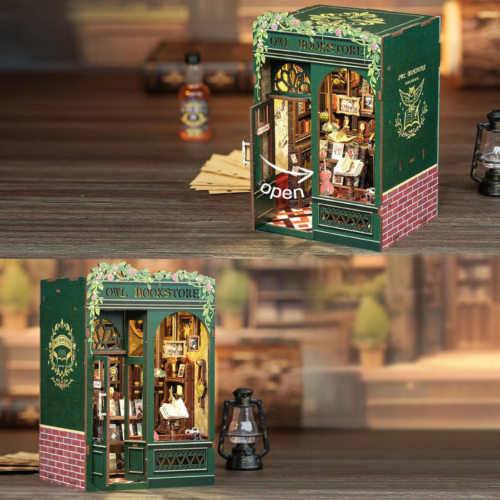 Book Nook Kit - DIY Miniature House Kit for Adults, Teens and Beginners, Dollhouse Booknook Library Tiny House Bookshelf Decor 3D Wooden Puzzle, Gifts for Family, Friends (Owl Bookstore)
