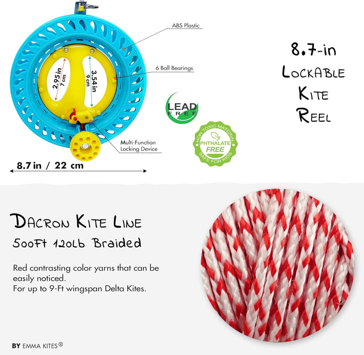 8.7In Lockable Kite Reel Winder with 500Ft 120Lb Dacron Line Smooth Rotation for Single Line Inflatable Delta Octopus Kite Flying