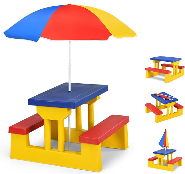 Kids Picnic Table, Kids Outdoor Table and Chairs with Removable and Adjustable Umbrella, Portable Toddler Picnic Table for Patio, Backyard, Garden (Colorful)