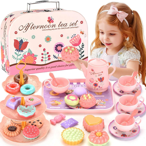 Kids Plastic Tea Party Set for Toddlers & Girls Ages 3-8 – Princess Pretend Play Kitchen Toy with Carrying Case, Teapot, Cups, Saucers, Dessert Toys & Tray | Gift for Little Girls Birthday