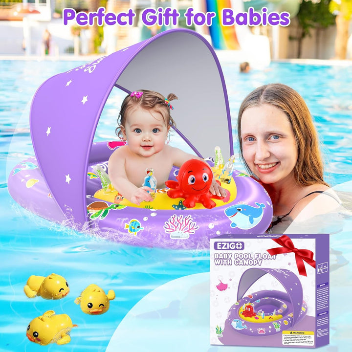 Baby Pool Float with Canopy UPF 50+ Sun Protection, Double Air Chambers Infants Swimming Floats with Sound Toys Adjustable Safety Seat Toddler Float for Boys and Girls 6-36 Months