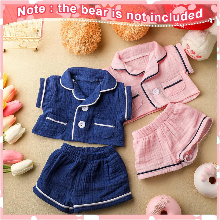 2 Sets Bear Clothes Stuffed Animal Accessories Pink and Blue Bear Pajamas Clothes Double Layer Muslin Short Sleeve Top and Bottom Pajamas Fits Most 14-18 Inch