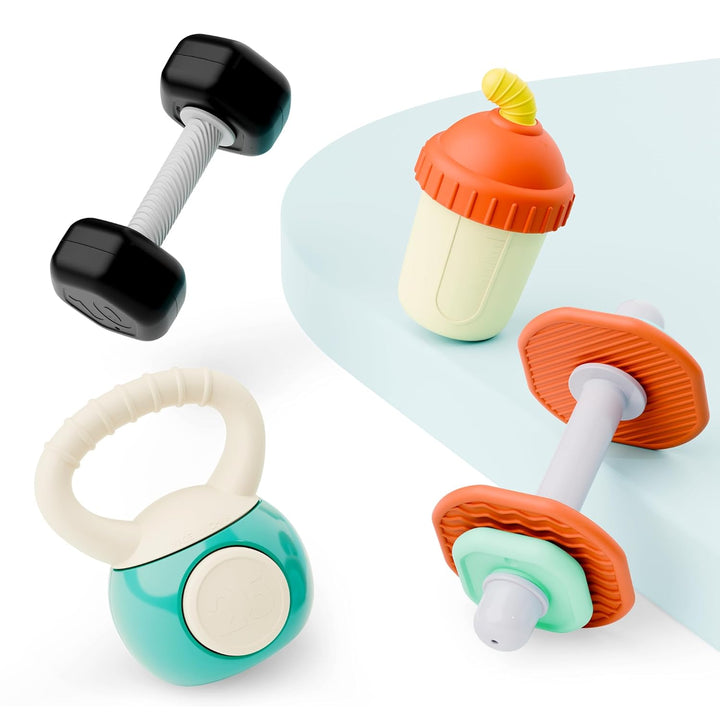 Baby First Gym Rattle Set, Infant Dumbbell Weights Teething Rattles 3-6-12 Month, Newborn Workout Sensory Stroller Toy, Babies Birthday Shower Gift 5 7 8 9 10 Month Toddler Boy Girl-4Pcs
