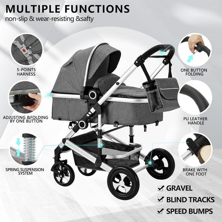 2 in 1 Convertible Baby Stroller, Folding High Landscape Infant Carriage, Newborn Reversible Pram, Diaper Bag, Anti-Shock Toddler Pushchair Stroller, Dark Grey