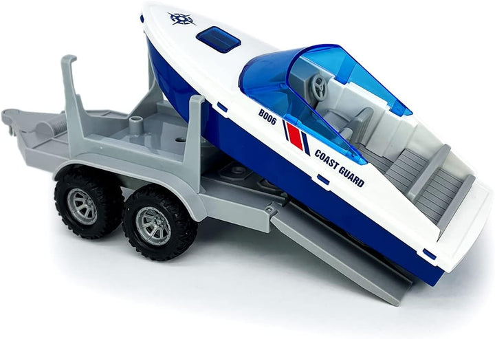 Large ATV Toy with Trailer Speedboat Tow Truck Flatbed Transport Police Motorcycle Toy Vehicle 2 in 1 Playset, Light Sound, Toys Trucks for Boys 3 4 5 6 7 Years Old Kids Toddlers Birthday Gifts, Blue