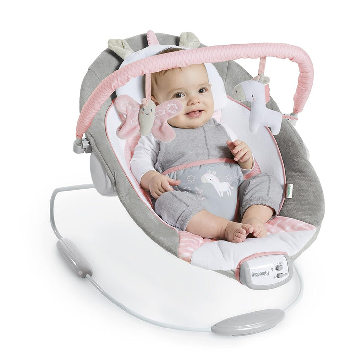 Soothing Baby Bouncer Infant Seat with Vibrations, -Toy Bar & Sounds, 0-6 Months up to 20 Lbs (Pink Flora the Unicorn)