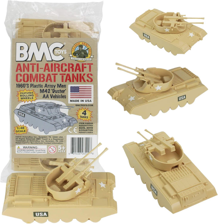 BMC Classic Payton Anti-Aircraft Tanks - 4Pc Tan Green Plastic Army Men Vehicles