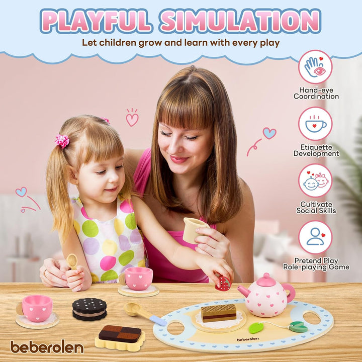 Wooden Tea Set for Little Girls Birthday Gift 2-4 Year Old Princess Toys Play Food Sets for Kids Kitchen Accessories Toddlers 3-5 Outdoor Party 1-3 Pretend Food Dessert Cookies Wood Toy