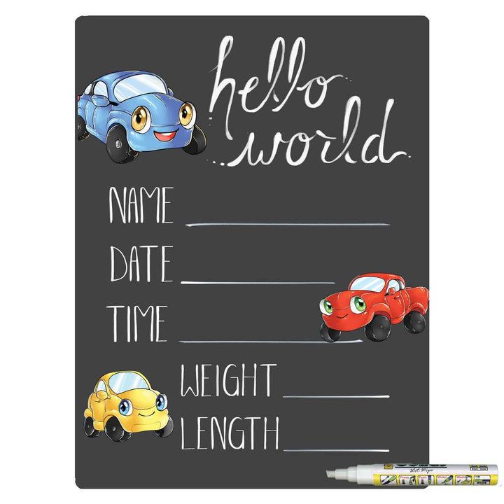Hello World Newborn Baby Announcement Chalkboard Sign with Automobile Theme, 12 by 16 Inches, No Marker