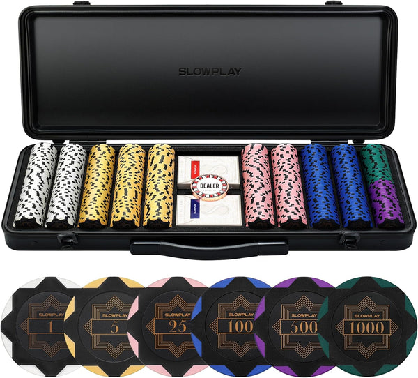 14G Clay Poker Chips Set for Texas Hold'Em, 500 PCS, with Numbered Values, Art Deco Style, and Carrying Case