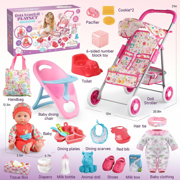 Baby Doll Stroller Set Toys for Girls Toddlers 3-5 4-6 Gifts,Baby Doll Set with 12.5 Inch Doll,1 Baby Dining Chair,20 PCS Baby Doll Accessories and 2 Sets Doll Clothes for Realistic Pretend Play
