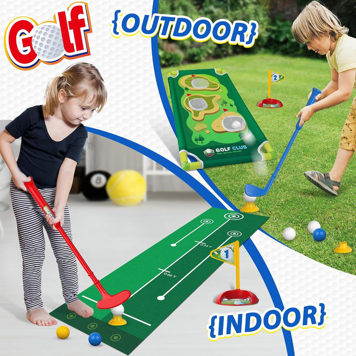Toddler Golf Set for 2 3 4 5 Years Old Boys Girls, Upgraded Kids Golf Cart with Golf Cornhole Board & Putting Mat, Indoor and Outdoor Golf Toys Birthday Gift