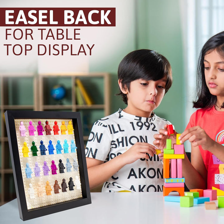 Figurine Display Case 10X10 Black Shadow Box for Miniature Figures 10X10 Black Wood Shadow Box with Black Base to Display up to 28 Block Figures