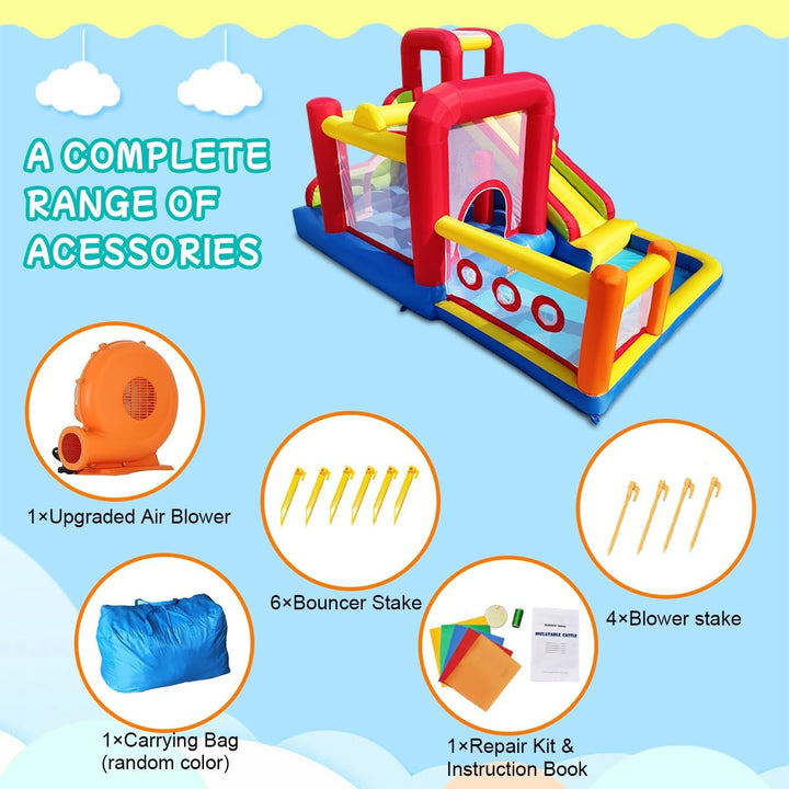 Bounce House, Inflatable Bounce Castle with Blower for Kids, Blow up Jumping Bouncer with Slide, Climbing Wall, Obstacles, Trampoline, Ball Pit Pool for Indoor Outdoor