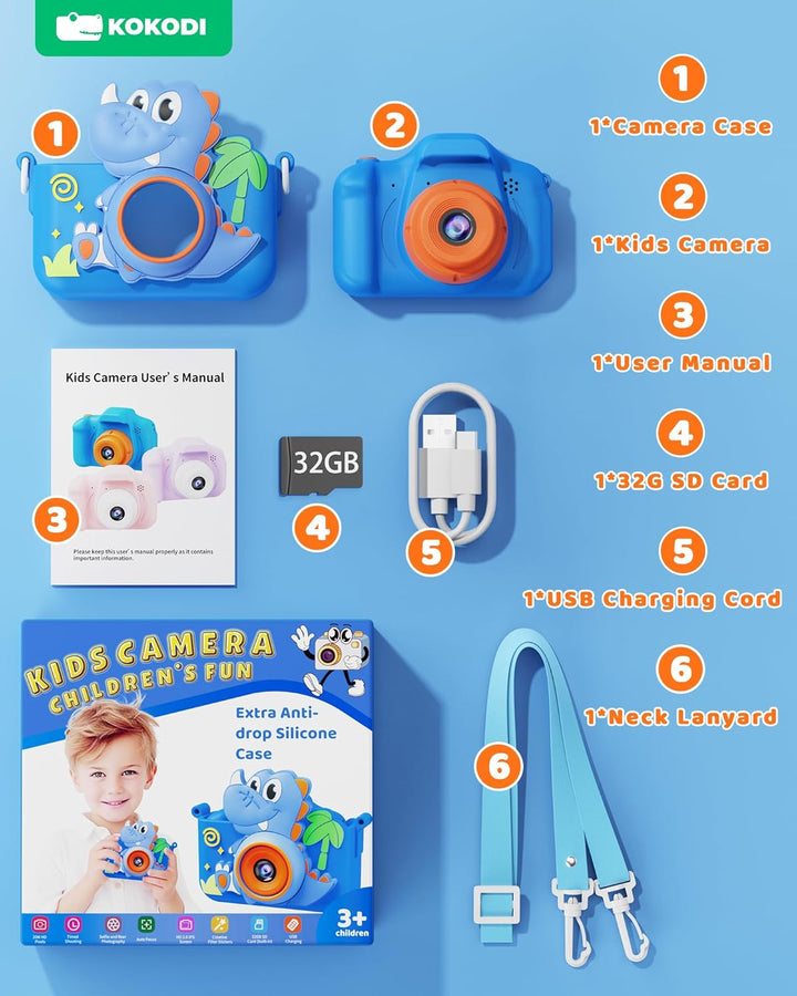 Kids Camera Toy Digital Camera for Kids, Dinosaurs Birthday Gifts for Boys Age 3-12, 1080P HD Video Camera for Toddler, Children Toys for 3 4 5 6 7 8 9 Year Old Boys with 32GB SD Card