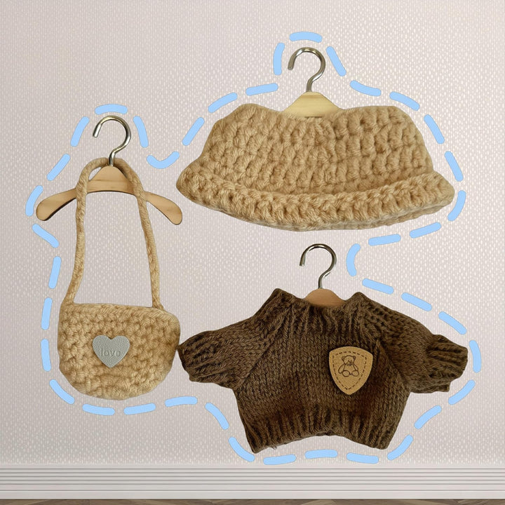 3-Piece Handcrafted Crochet Doll Clothes - Compatible with Labubu 5.91-6.7Inch (15-17Cm) Dolls as Accessories, Premium Dolls Outfit with Accessories, Hand Crocheted Hat, Sweaters, Bag (Maillard Brown)