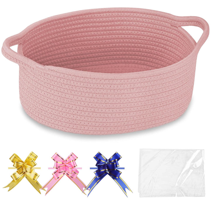 Small Woven Basket with Gift Bags and Ribbons, Gift Basket Empty, Cotton Rope Storage Organizer, Baby Toy Box with Handles, 12" X 8" X 5", Light Pink
