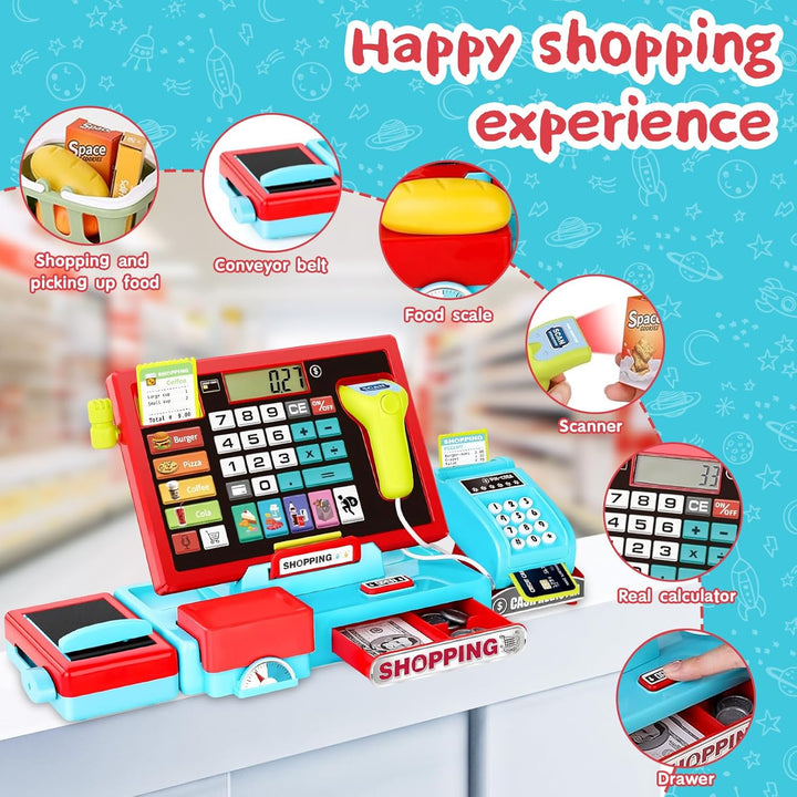 Cash Register Playset Toy for Kids, Real Calculator Register, Pretend Play Store with Music, Scanner, Play Money, Food, Preschool Learning Toy Playset Gift (Blue Red)