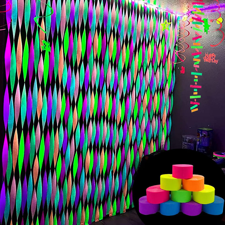 600 Feet Glow Crepe Paper Streamers UV Glow Party Neon Streamer Decorations Glow in the Dark Black Light Reactive Fluorescent Neon Paper Party Streamers Wedding Birthday Blacklight Party Supplies