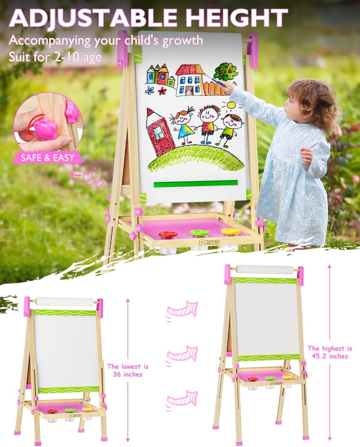 Easel for Kids,Wooden Toddler Art Easel,Kid Toys for Ages 5-7 8-13,3 4 5 6 7 8 9 Year Old Boy Girl Birthday Gifts,Double-Sided Magnetic Dry Erase Whiteboard and Chalk Board with Art Supplie Paper Roll