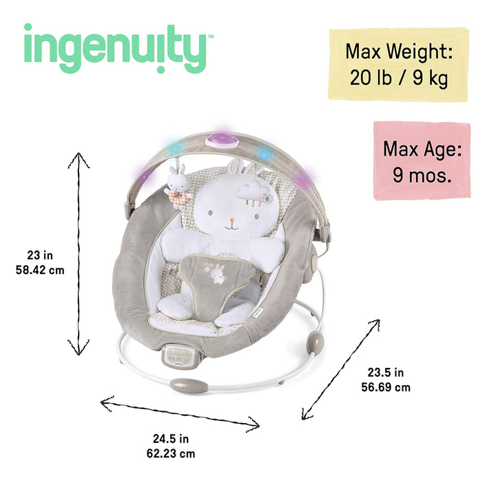 Inlighten Baby Bouncer Infant Seat with Light up -Toy Bar, Vibrations, Tummy Time Pillow & Sounds, 0-6 Months up to 20 Lbs (Twinkle Tails Bunny)