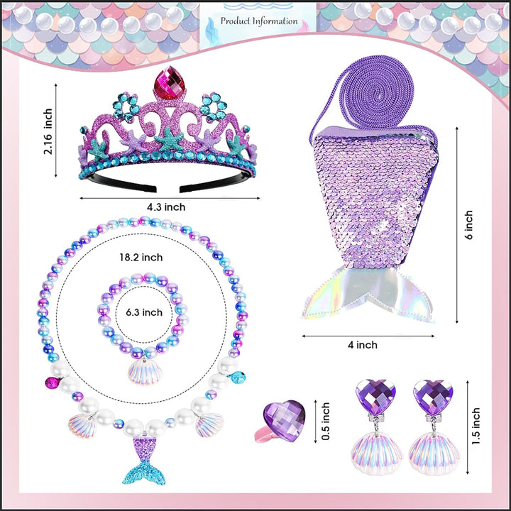 Mermaid Jewelry for Girls Mermaid Crown Fake Pearl Necklace Bracelet Purse Ring Shell Earrings Mermaid Accessories Set Princess Party Dress up Pretend Play Christmas Birthday Gift