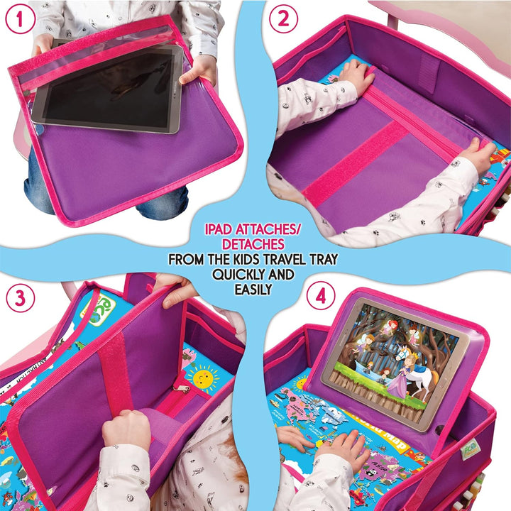 Kids Travel Tray - Waterproof Lap Table with No-Drop Large Tablet Holder - Car Seat Tray - Road Trip Essentials Kids - Car Desk Organizer for Airplane - Toddler Travel Essentials (Pink)