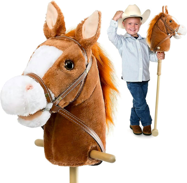 Stick Horse Plush Handcrafted Hobby Horse on a Stick with Wood Wheels Real Pony Neighing and Galloping Sounds for Kids Toddlers Dark Brown 36 Inches(Aa Batteries Required)