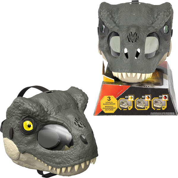 Jurassic World Rebirth T-Rex Rage N Roar Mask with LED Light up Eyes, Blink Action with 3 Level Aggression Effect, Dinosaur Costume Headgear Toy