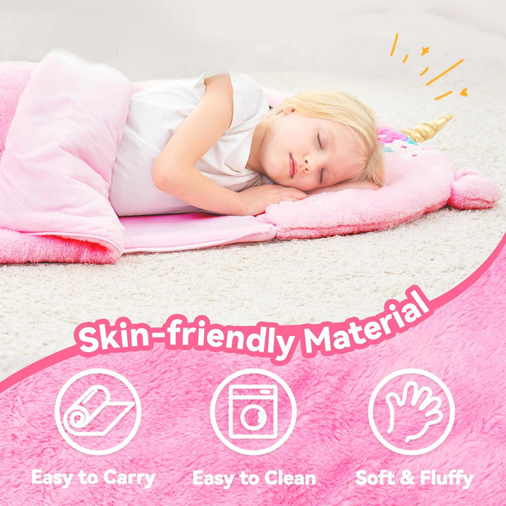 Kids Unicorn Sleeping Bag, Toddler Girl Nap Mat, Plush Animal Slumber Bag 2 in 1 Pink Pillow Daycare Preschool Kindergarten Birthday Gift Travel Sleepover 3 4 5 6 7 8 10 12 Yr Child Teen