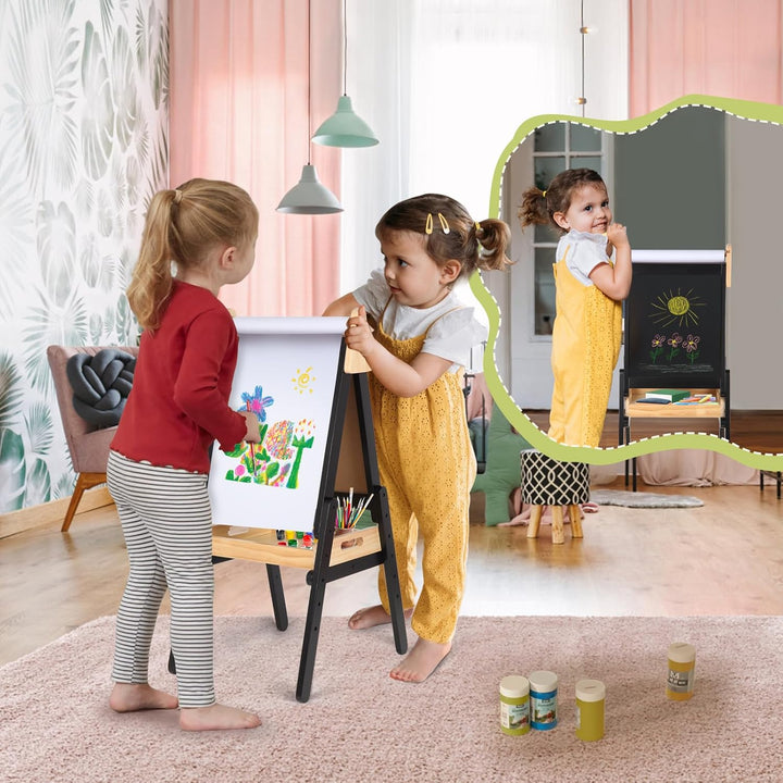 3 in 1 Easel for Kids with Wood Tray, Double Sided Kids Easel with Paper Roll,Magnetic Chalkboard & White Board Height Adjustable Painting Standing Drawing Board for Toddlers Childrens 2-5 (Black)