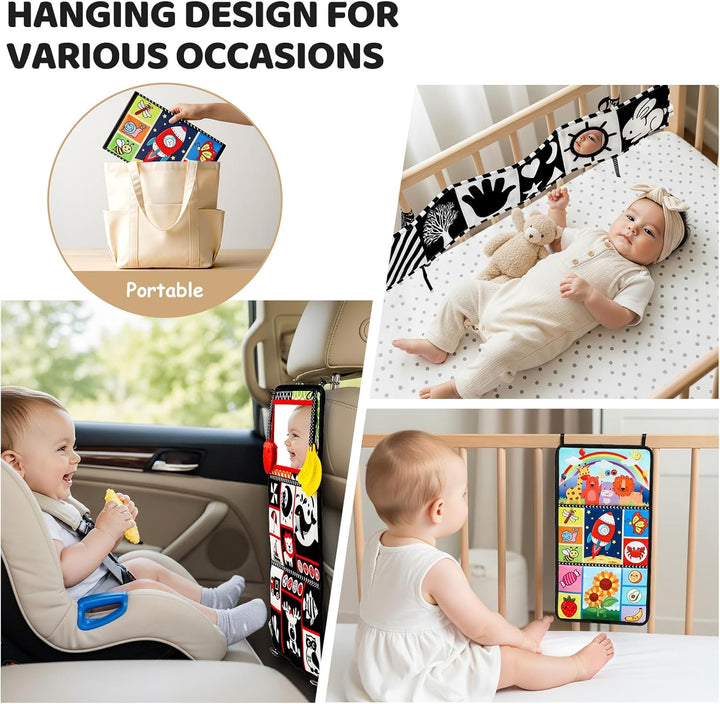 3PCS High Contrast Black & White Baby Toys - Tummy Time Mirror Infant Toys with Crinkle Cloth and Teether, Visual Stimulation Sensory Books for Newborns 0 3 6 12 Months, Shower Gift, Stocking Stuffers