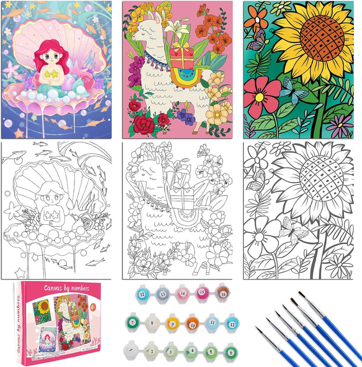 3 Pack Paint by Numbers Kit for Kids 8-12, 10*8" Framed Canvas with 17 Acrylic Paint Pots and 6 Brushes, Color by Number Crafts Art Supplies